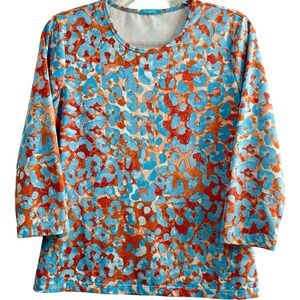 J. McLaughlin Light Blue / Orange Leopard Print Shirt Catalina Top Size Medium‎